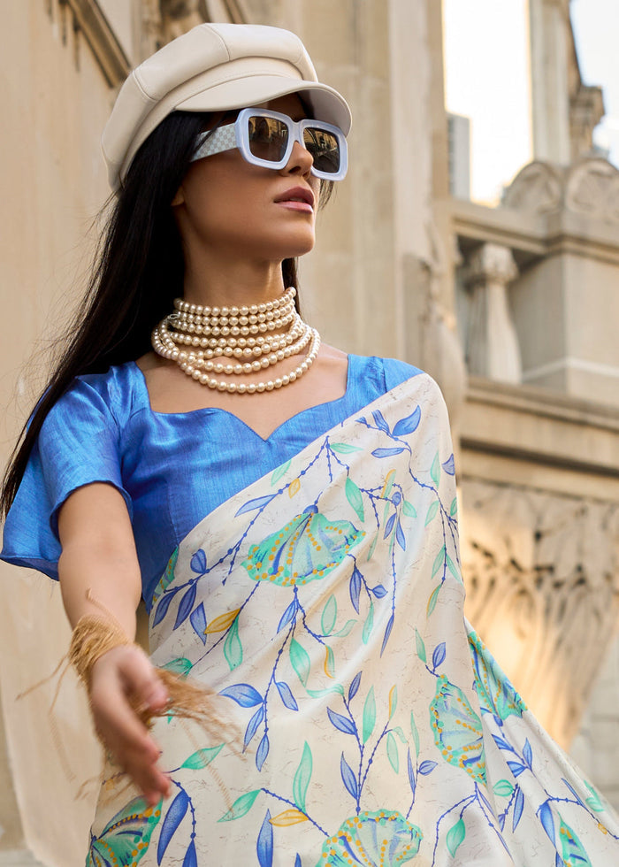 Pearl White Contemporary Printed Satin Crepe Saree - qivii