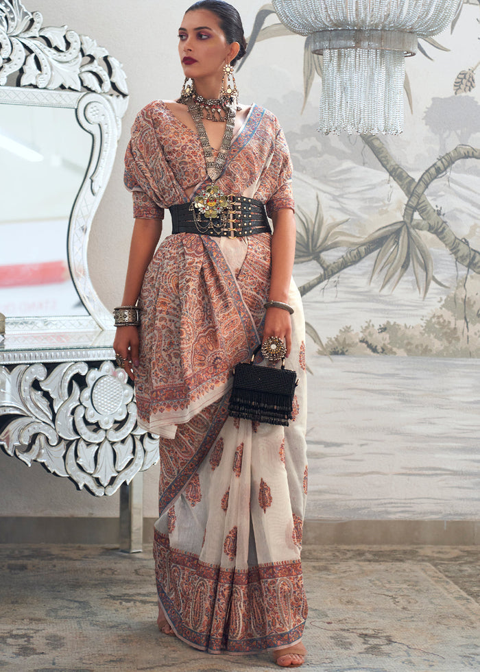 Pearl White Kashmiri Handloom Weaving Silk Saree - qivii