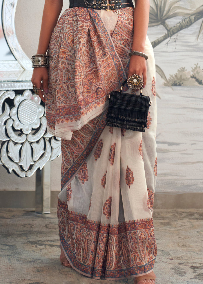 Pearl White Kashmiri Handloom Weaving Silk Saree - qivii