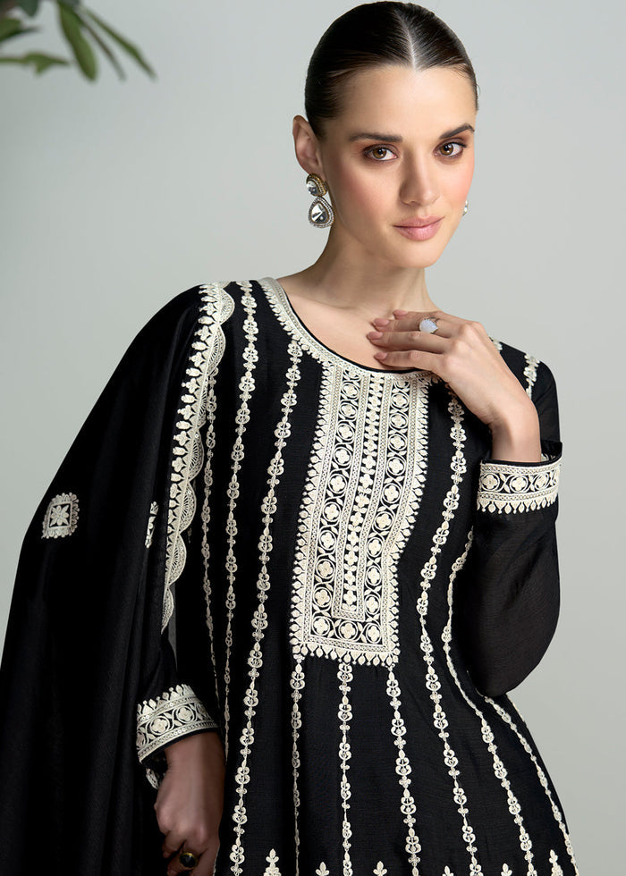 Pebble Black Chinon Silk Salwar Suit with Embroidery work - qivii