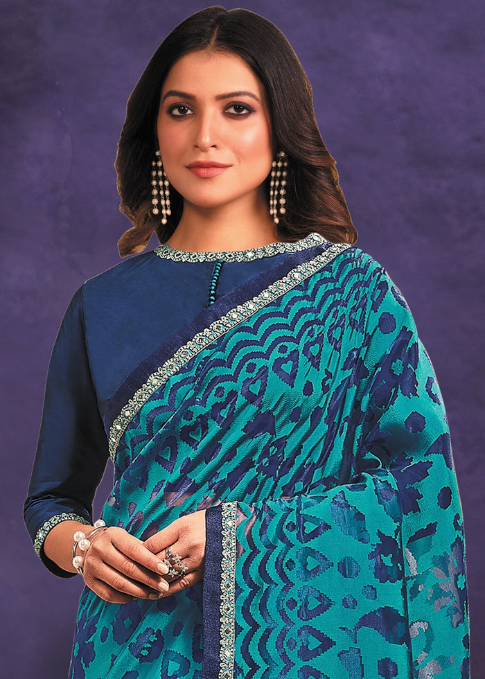Persian Blue Designer Organza Saree with Cord Embroidered and Mirror Work - qivii