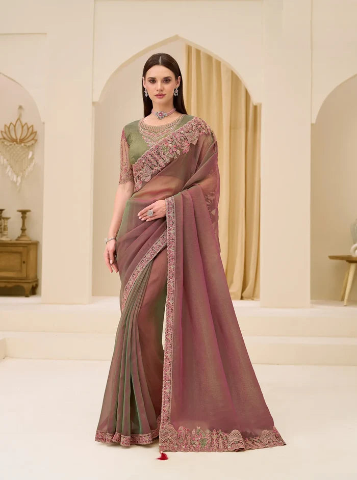 Pink-Olive Georgette Party wear Saree