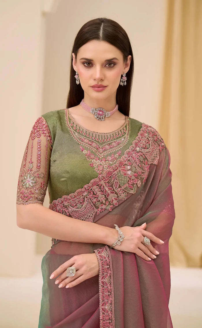 Pink-Olive Georgette Party wear Saree