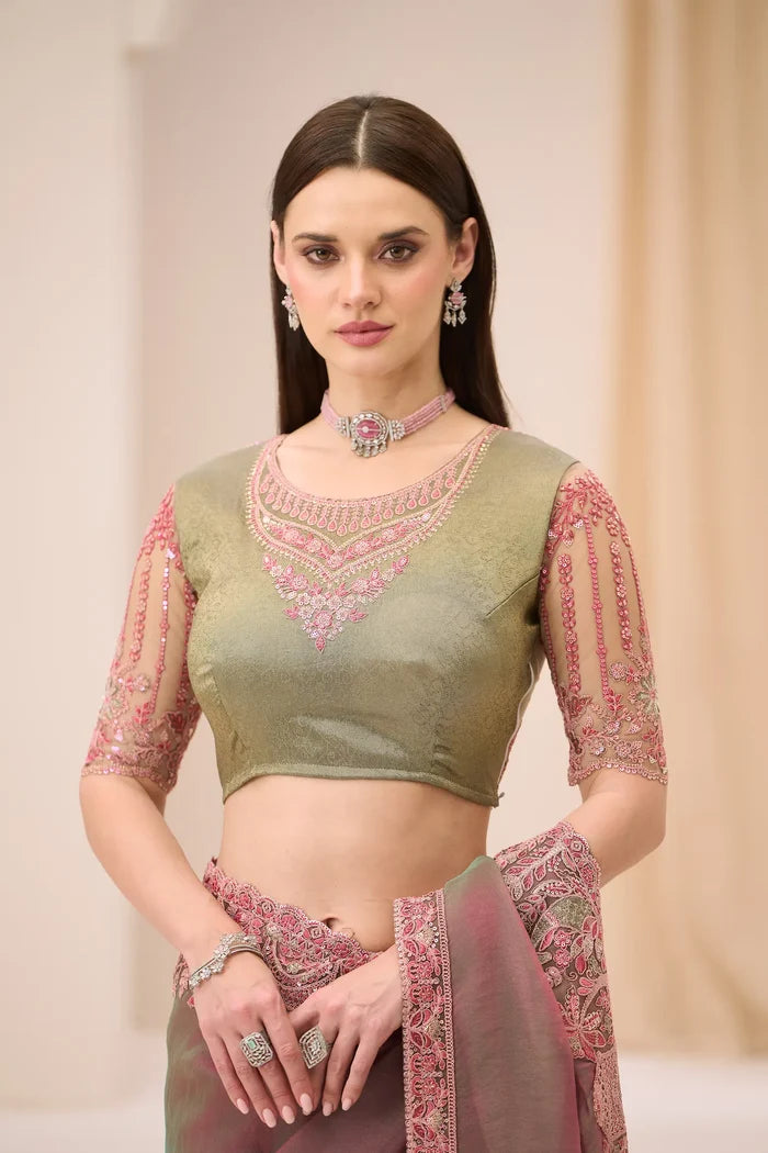Pink-Olive Georgette Party wear Saree