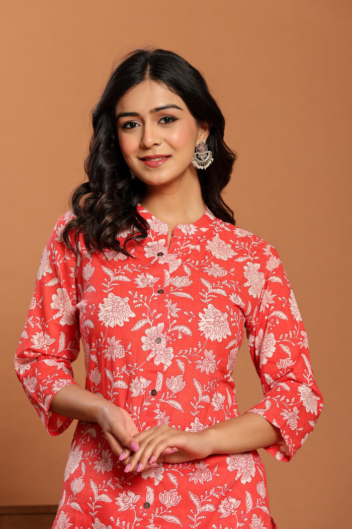 Pink Printed Cotton Kurta Set