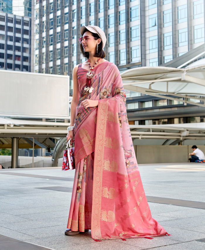 Pink Pure Handloom Mashoorm silk with Exclusive Print Saree - qivii