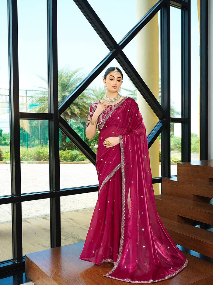 PINK SILK WITH SEQUENCE EMBROIDERY DESIGN WORK SAREE - INSPIRED - qivii