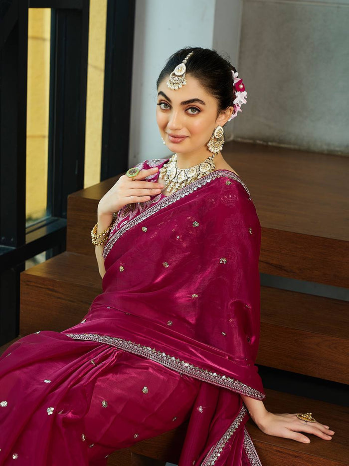 PINK SILK WITH SEQUENCE EMBROIDERY DESIGN WORK SAREE - INSPIRED - qivii