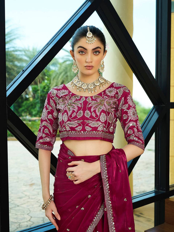 PINK SILK WITH SEQUENCE EMBROIDERY DESIGN WORK SAREE - INSPIRED - qivii