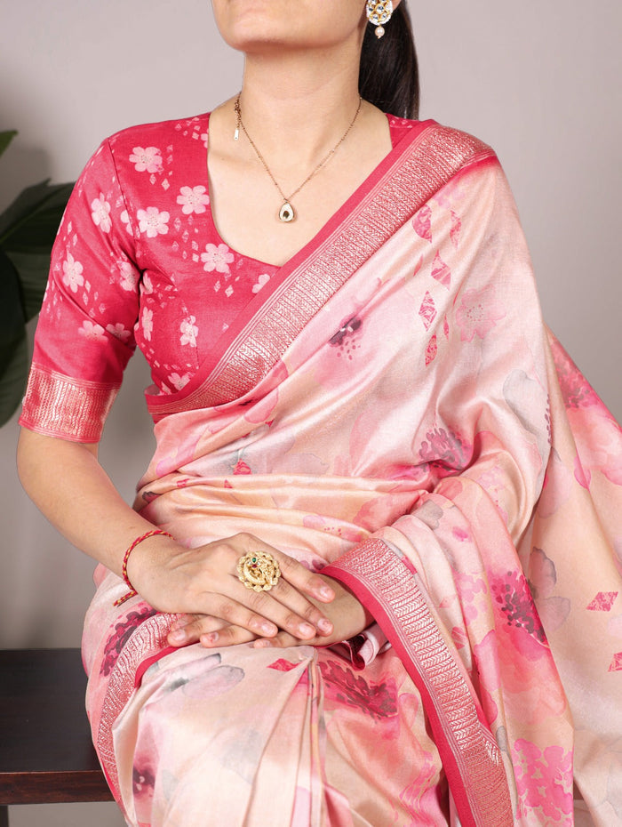 Pink Tussar Silk With Viscose Border Floral Printed Saree - INSPIRED - qivii