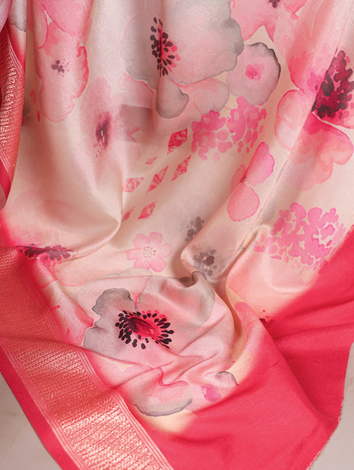 Pink Tussar Silk With Viscose Border Floral Printed Saree - INSPIRED - qivii