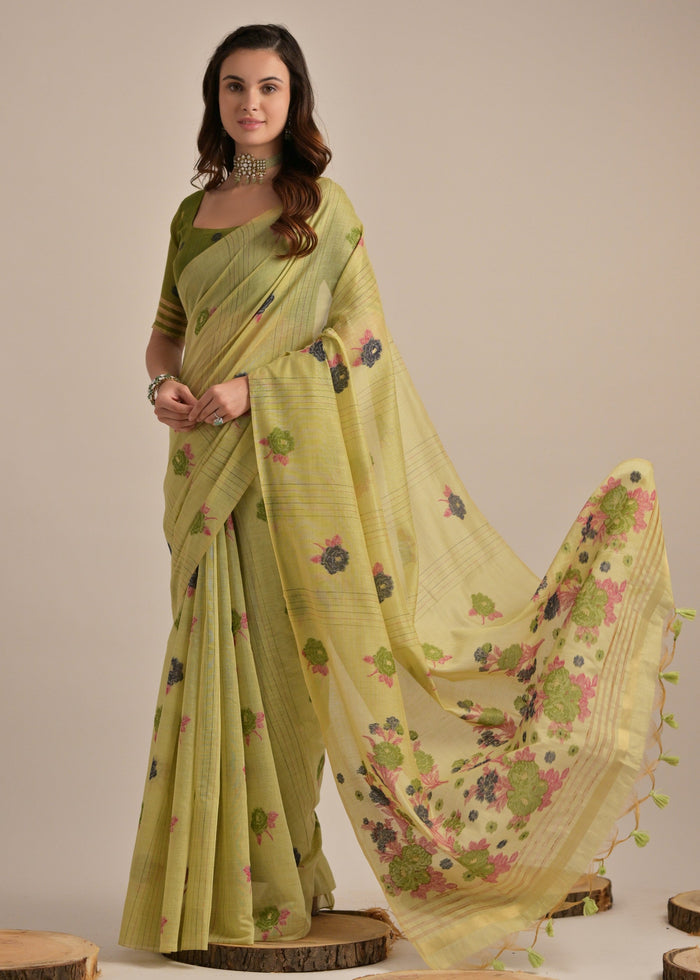 Pista Green Thread Woven Cotton Saree With Contrast Blouse - qivii