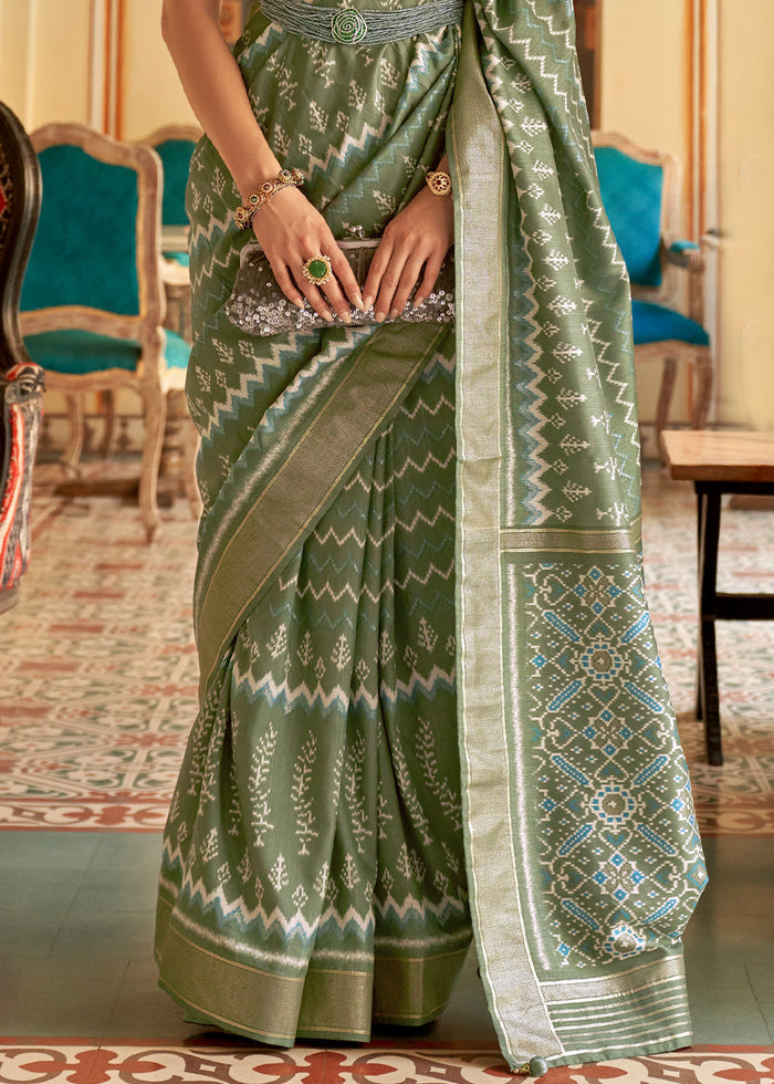 Pistachio Green Designer Printed Silk Saree - qivii