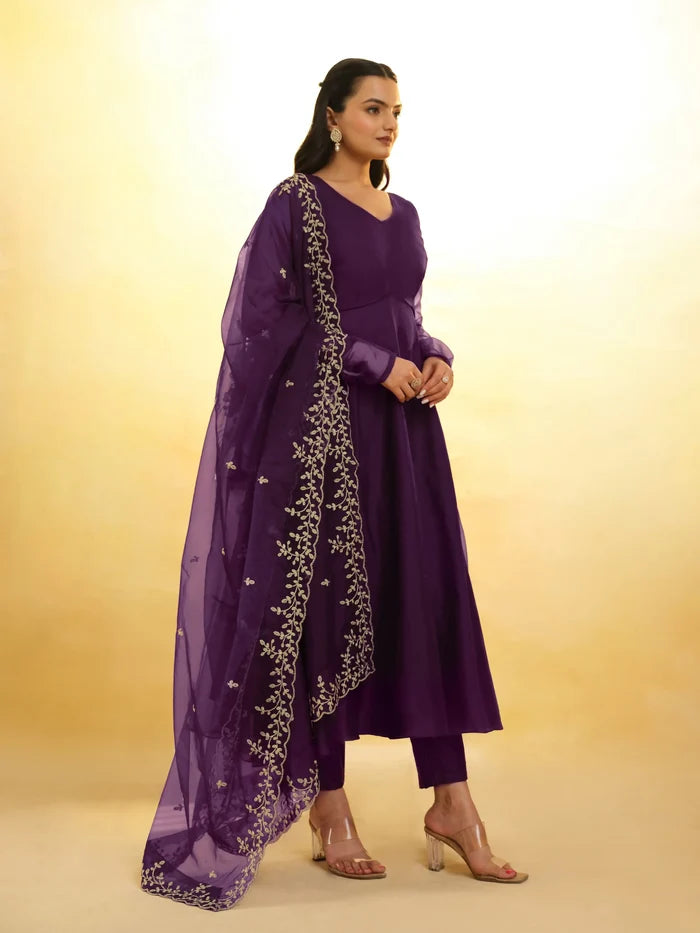 Plum Purple Organza Salwar Suit With Dupatta - qivii