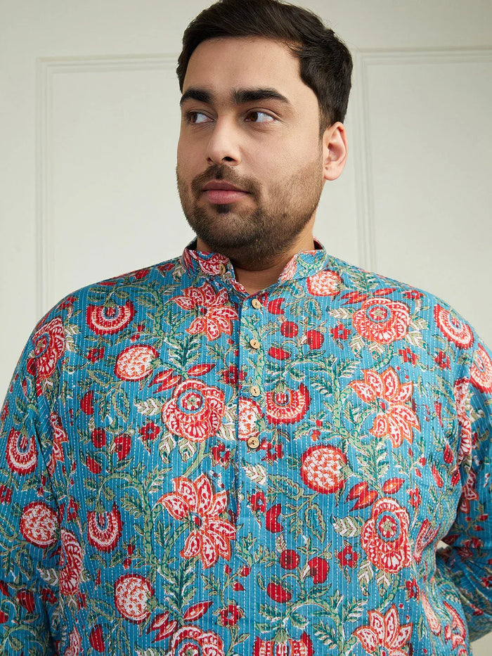 Plus Men's Aqua And White Cotton Kurta Pyjama Set