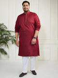 Plus Men's Maroon And White Cotton Blend Kurta Pyjama Set