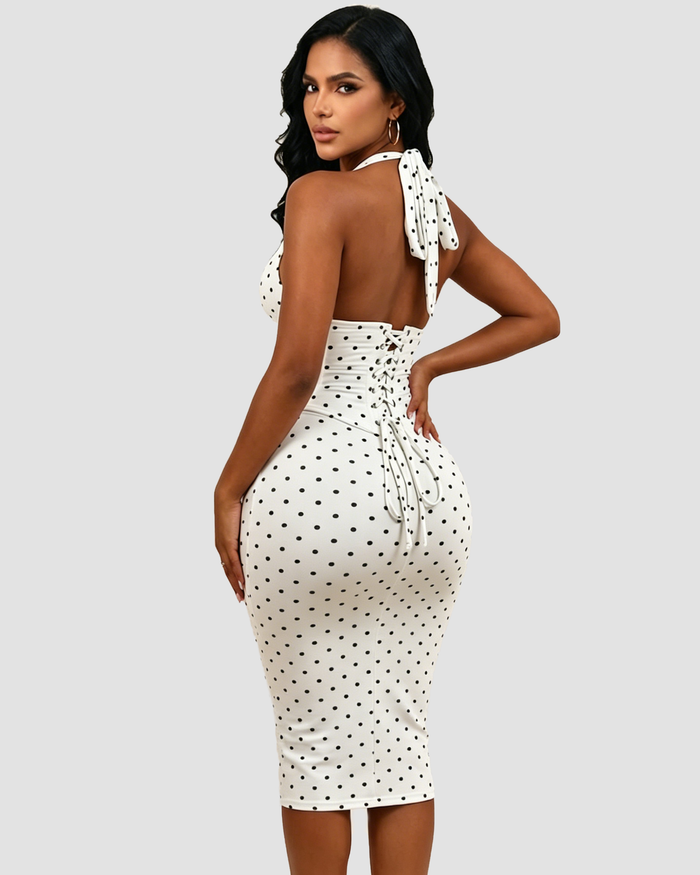Polka Dot Corset Halter Midi Dress with Lace-Up Back  - By Qivii