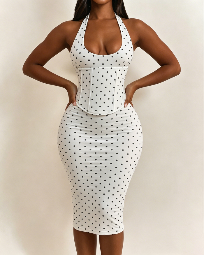 Polka Dot Corset Halter Midi Dress with Lace-Up Back  - By Qivii