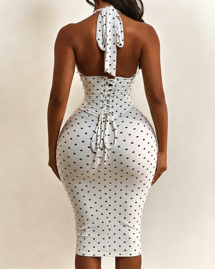 Polka Dot Corset Halter Midi Dress with Lace-Up Back  - By Qivii