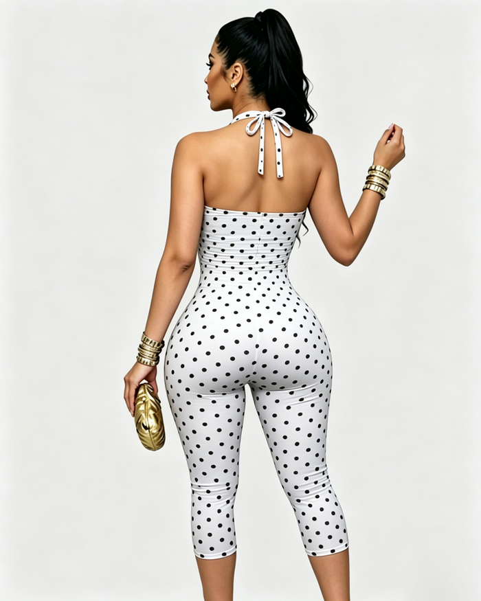 Polka Dot Halter Neck Open Back Skinny Capri Jumpsuit  - By Qivii