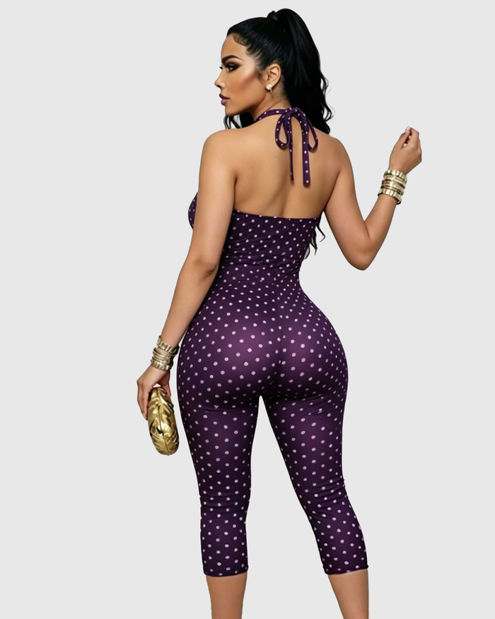 Polka Dot Halter Neck Open Back Skinny Capri Jumpsuit  - By Qivii