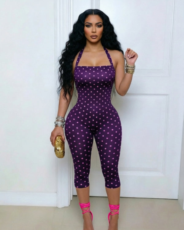 Polka Dot Halter Neck Open Back Skinny Capri Jumpsuit  - By Qivii