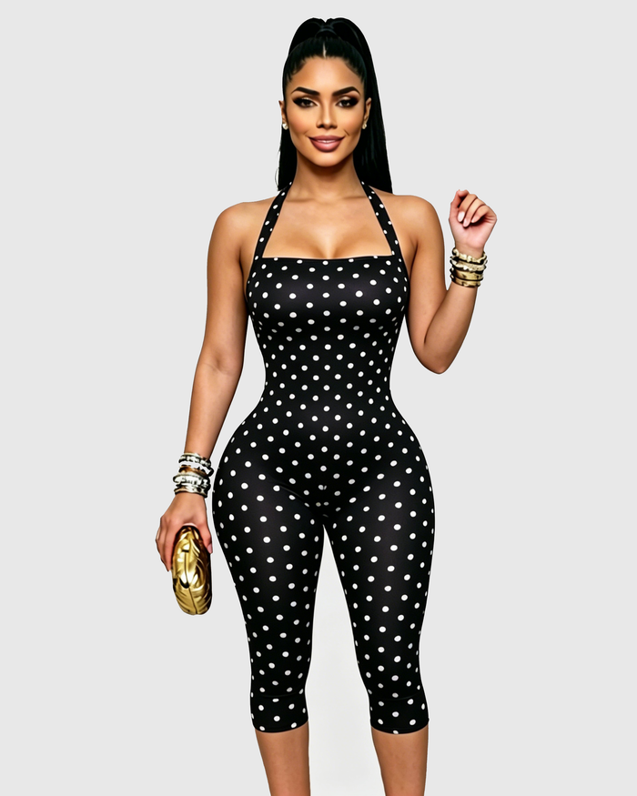 Polka Dot Halter Neck Open Back Skinny Capri Jumpsuit  - By Qivii