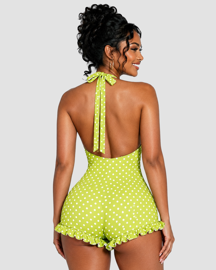 Polka Dot Halter Neck Ruffle Hem Romper  - By Qivii