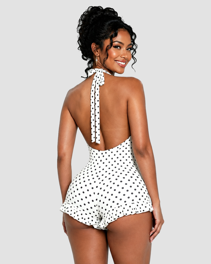 Polka Dot Halter Neck Ruffle Hem Romper  - By Qivii