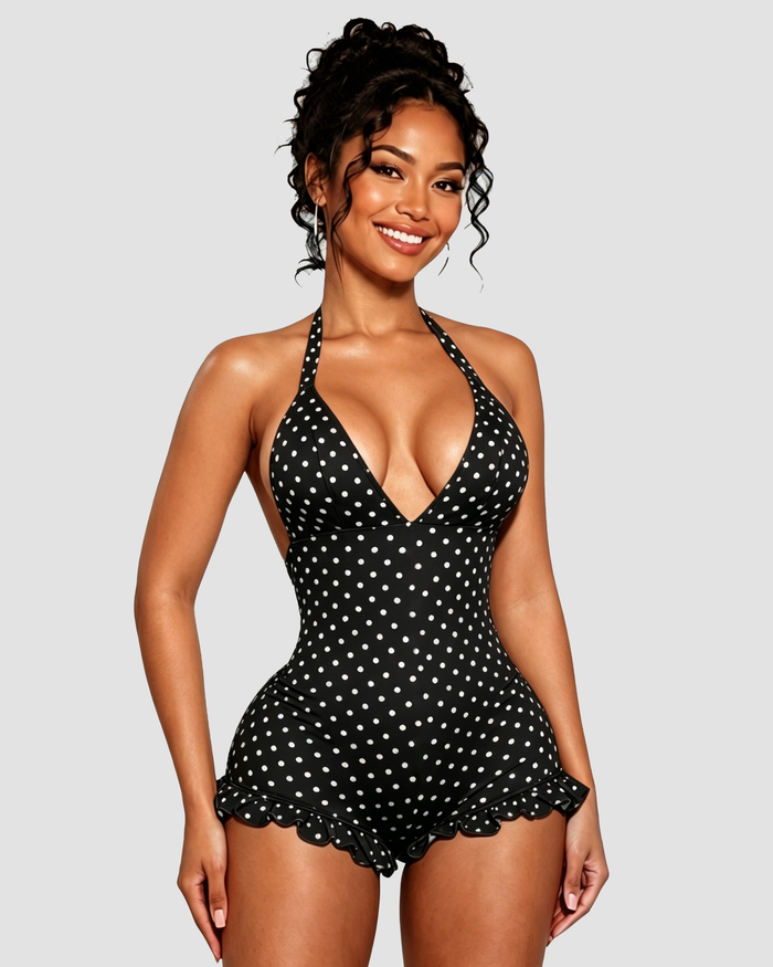 Polka Dot Halter Neck Ruffle Hem Romper  - By Qivii