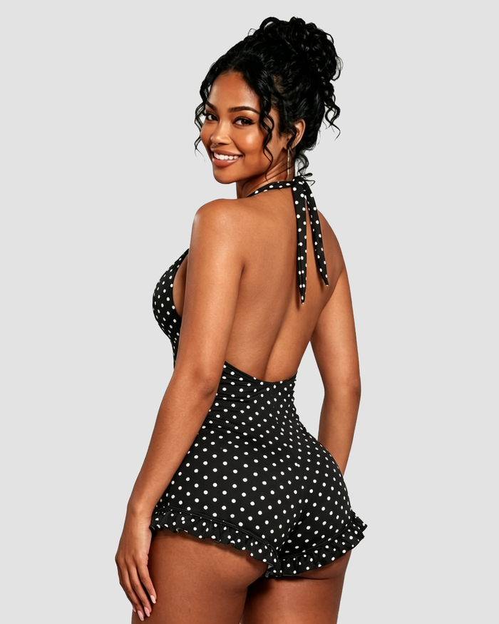 Polka Dot Halter Neck Ruffle Hem Romper  - By Qivii