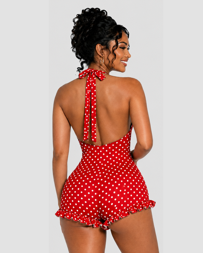 Polka Dot Halter Neck Ruffle Hem Romper  - By Qivii