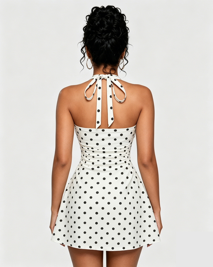 Polka Dot Halter Tie Back Ruched Flare Mini Dress  - By Qivii