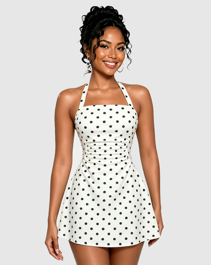 Polka Dot Halter Tie Back Ruched Flare Mini Dress  - By Qivii