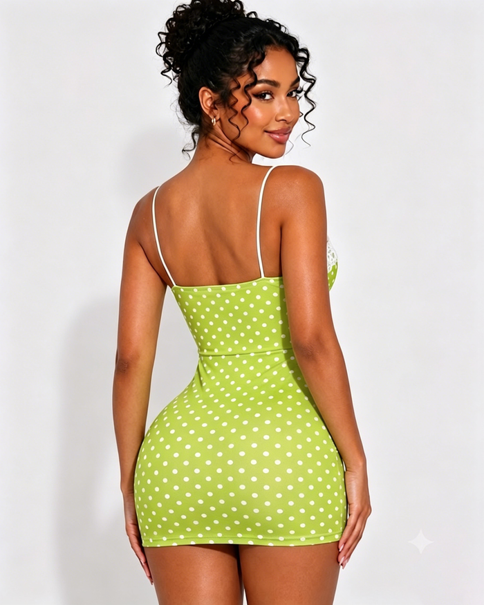 Polka Dot Lace Trim Thin Strap Bodycon Mini Dress  - By Qivii