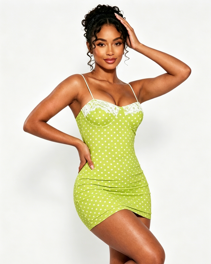 Polka Dot Lace Trim Thin Strap Bodycon Mini Dress  - By Qivii