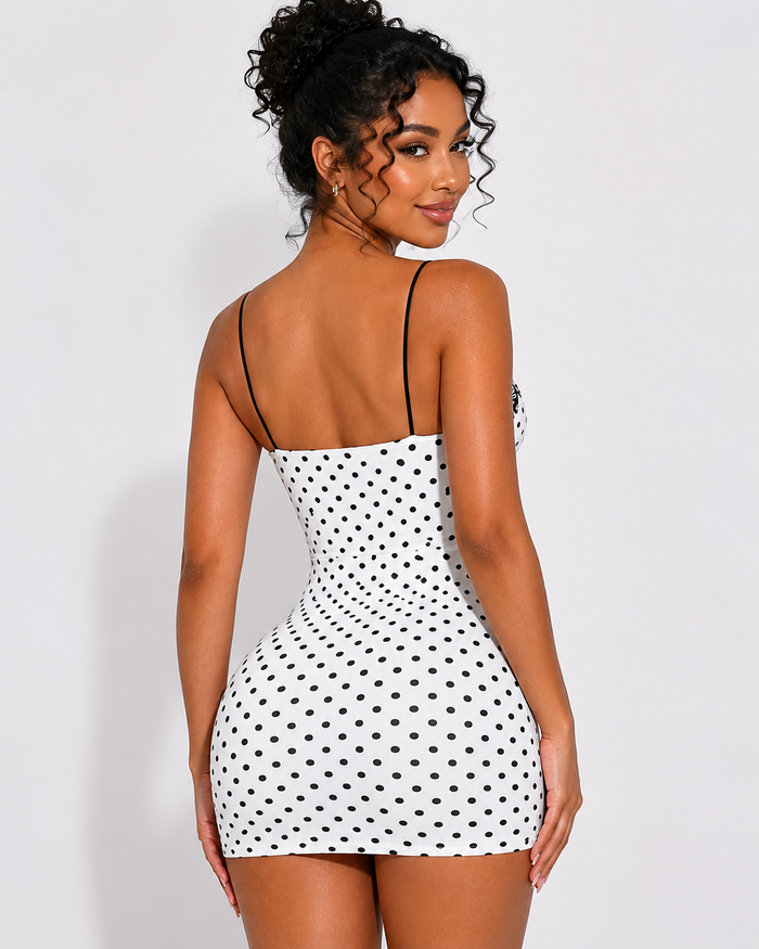 Polka Dot Lace Trim Thin Strap Bodycon Mini Dress  - By Qivii