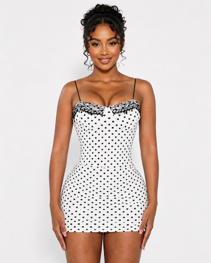 Polka Dot Lace Trim Thin Strap Bodycon Mini Dress  - By Qivii