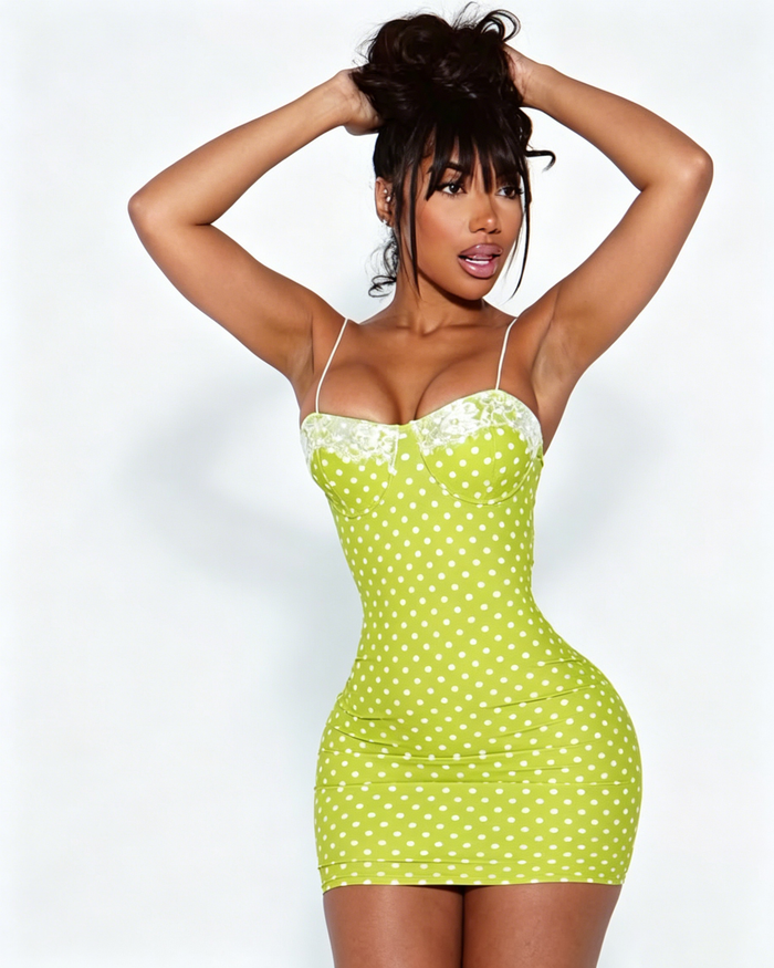 Polka Dot Lace Trim Thin Strap Bodycon Mini Dress  - By Qivii