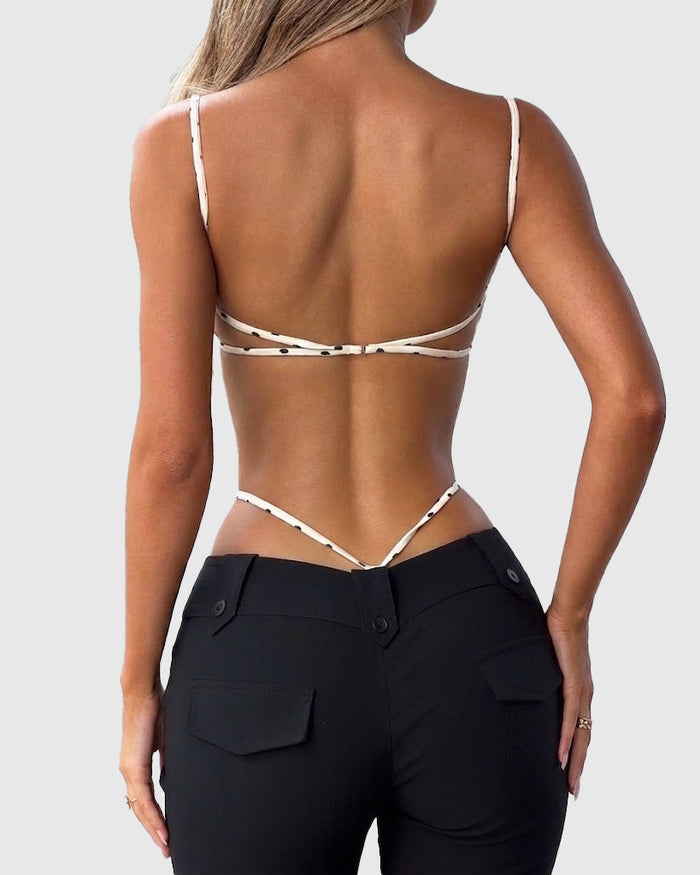 Polka Dot Square Neck Thin Strap Cross Back High Cut Bodysuit  - By Qivii