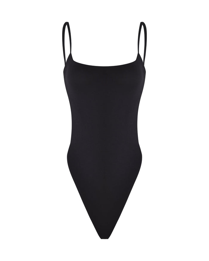 Polka Dot Square Neck Thin Strap Cross Back High Cut Bodysuit  - By Qivii