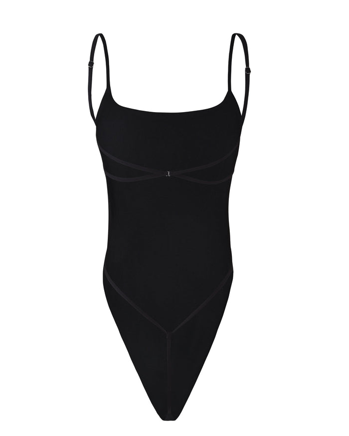 Polka Dot Square Neck Thin Strap Cross Back High Cut Bodysuit  - By Qivii