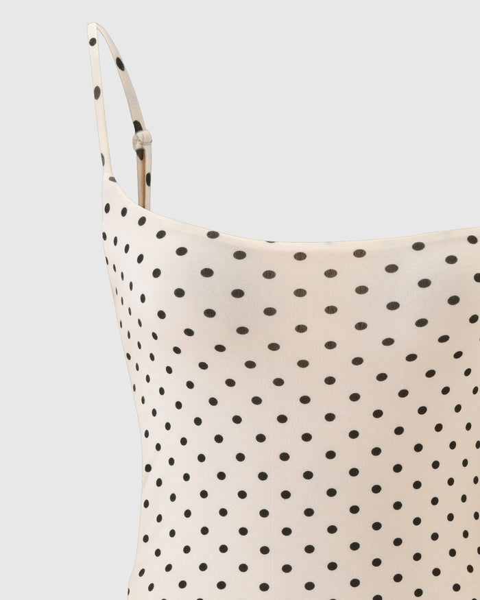 Polka Dot Square Neck Thin Strap Cross Back High Cut Bodysuit  - By Qivii