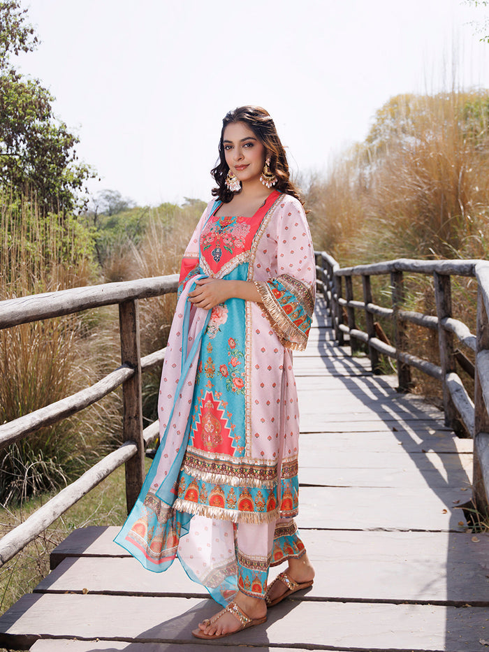 Pool Blue Pink Muslin Kurta Set