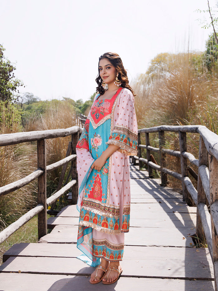 Pool Blue Pink Muslin Kurta Set