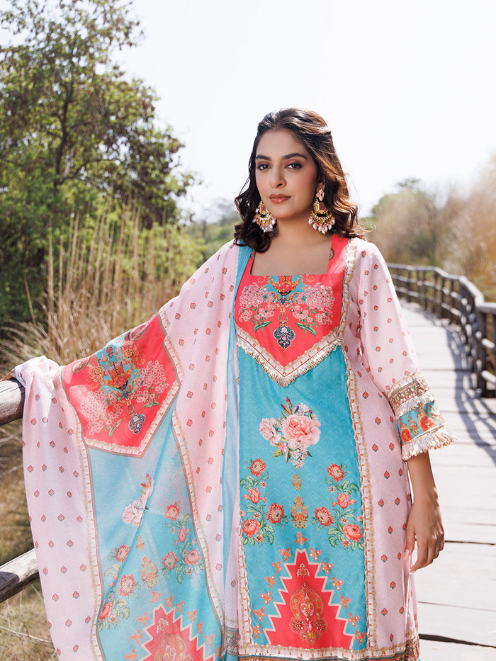 Pool Blue Pink Muslin Kurta Set