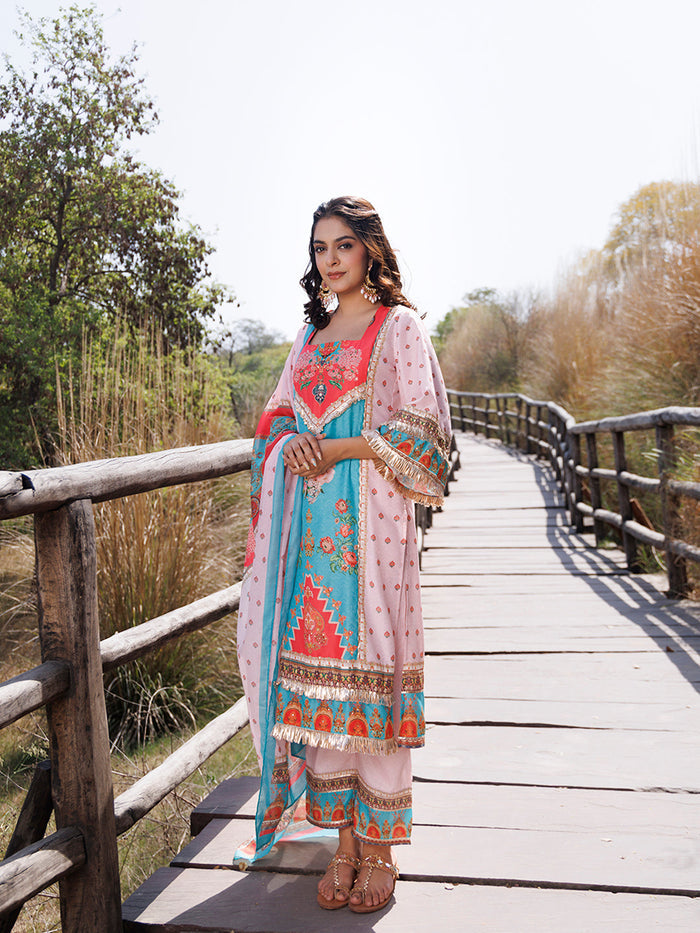 Pool Blue Pink Muslin Kurta Set