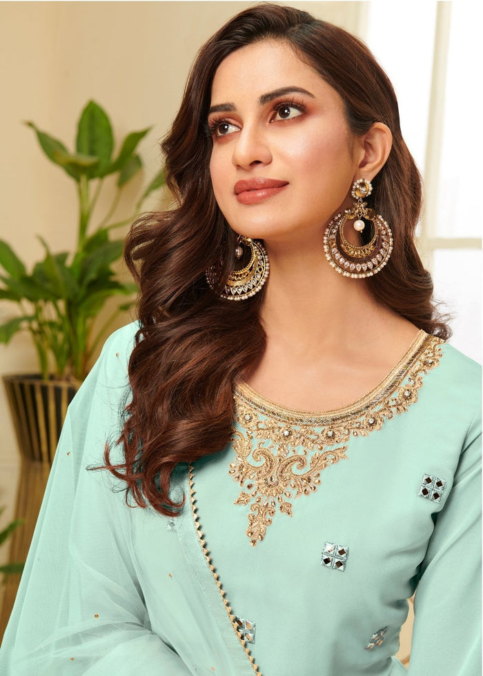 Powder Blue Georgette Sharara Suit with Gota work & Embroidery - qivii