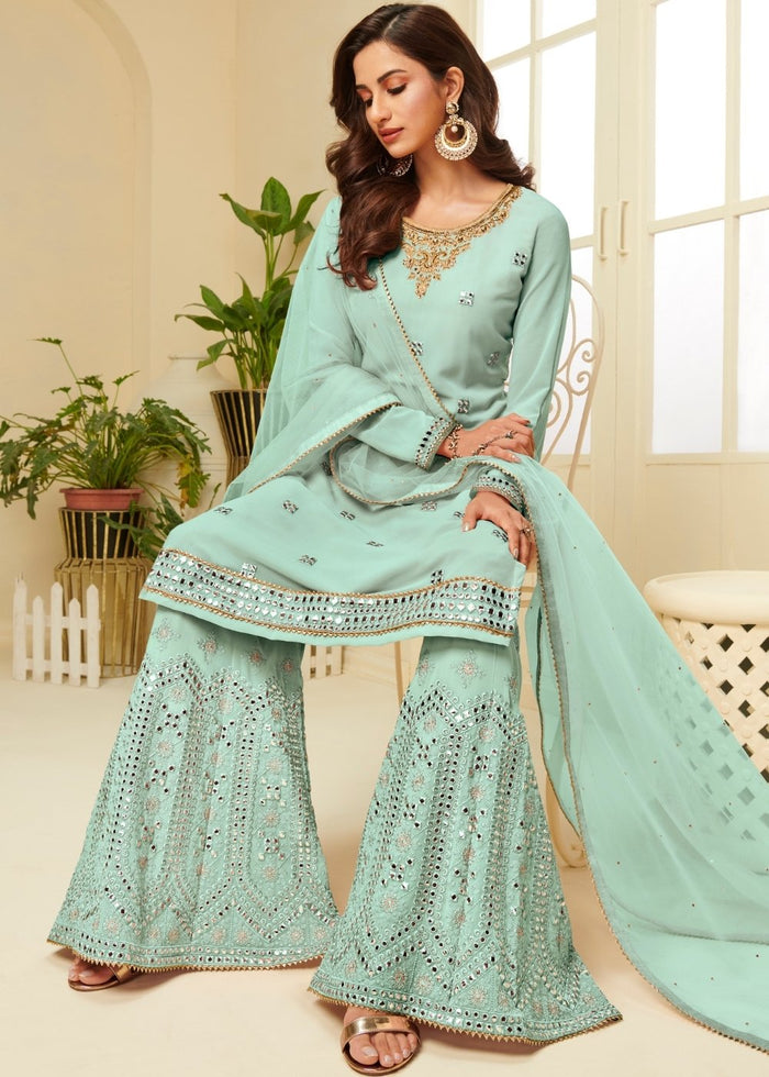 Powder Blue Georgette Sharara Suit with Gota work & Embroidery - qivii