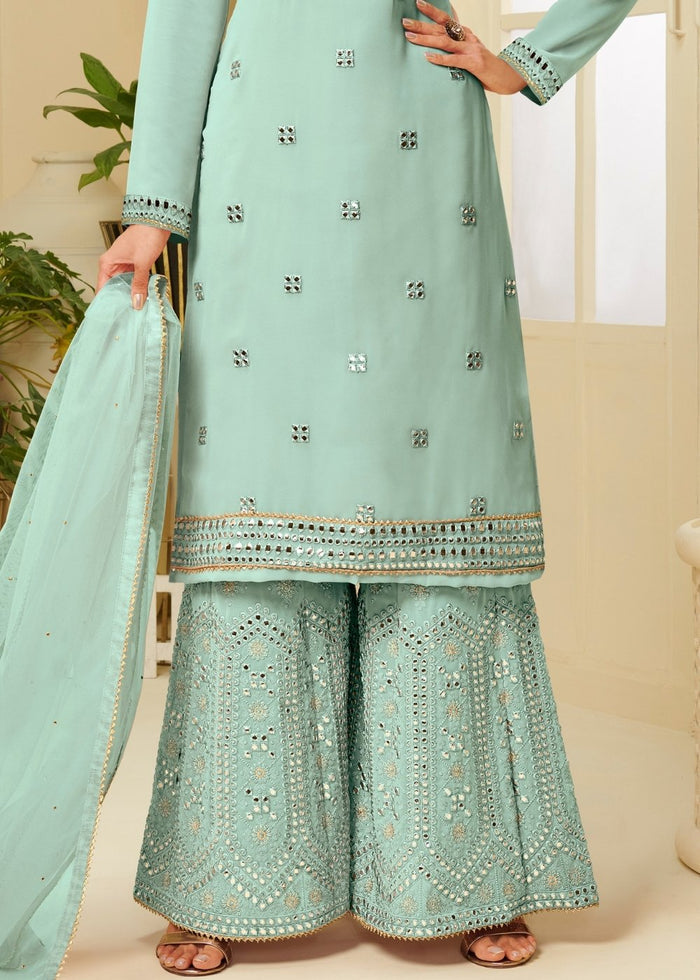 Powder Blue Georgette Sharara Suit with Gota work & Embroidery - qivii